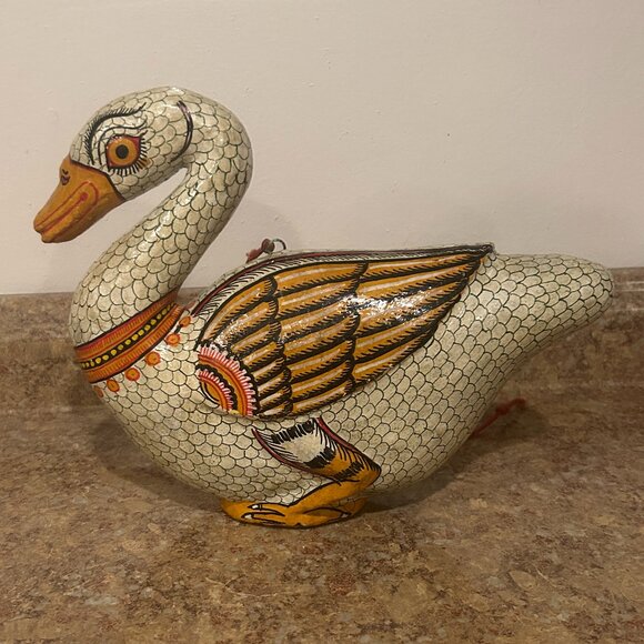 Vintage Indian ? Wood Wooden Hand Carved Decorated Duck Swan Bird Ornament Wood - Picture 1 of 7